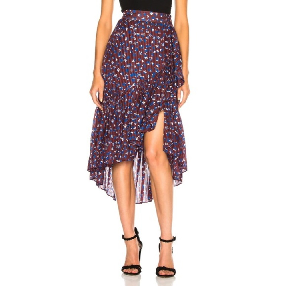 Ulla Johnson Gretchen Pleated Floral Midi‎ Skirt in Burgundy Women's Size 2